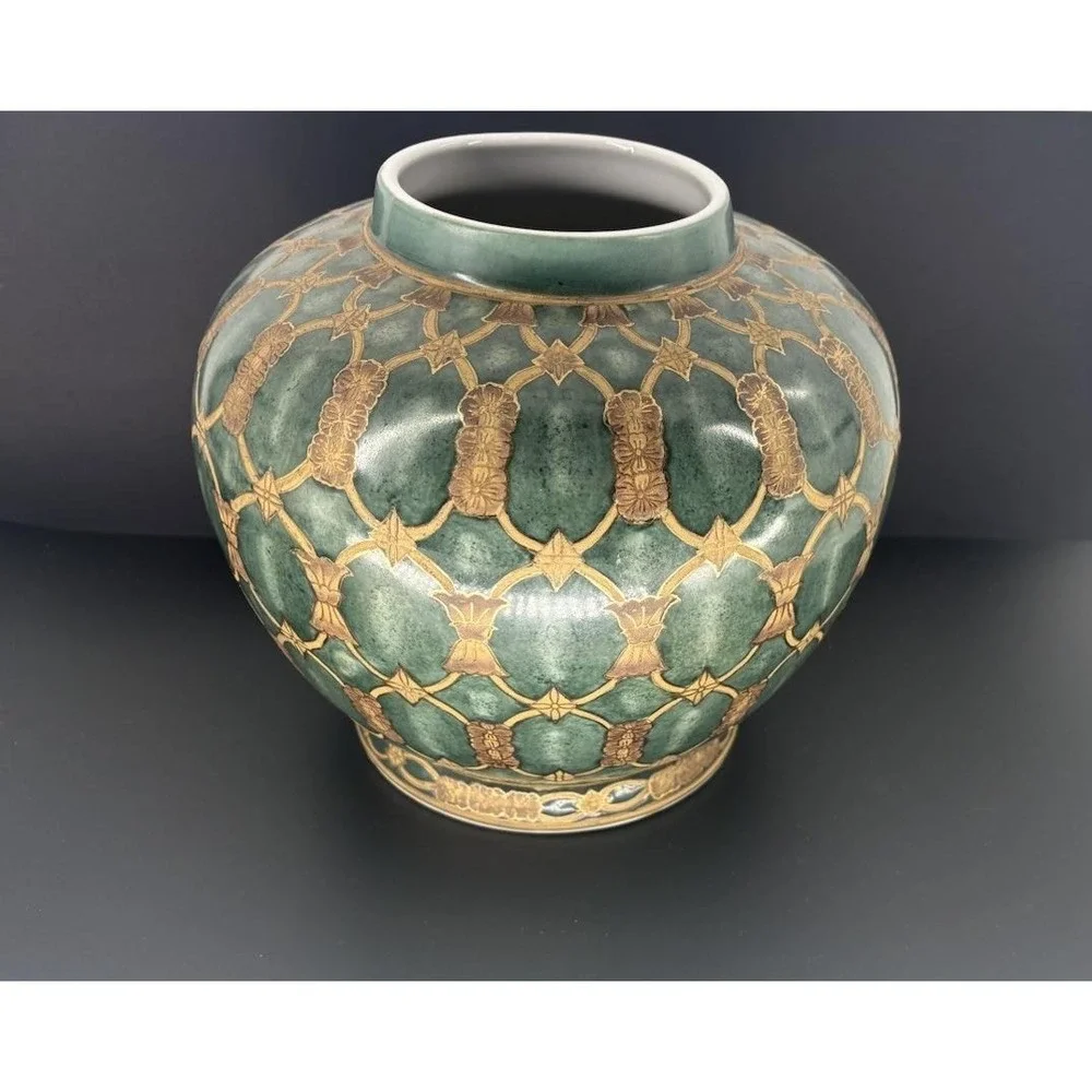 Green Gold Cloisonné Decorative Short Vase